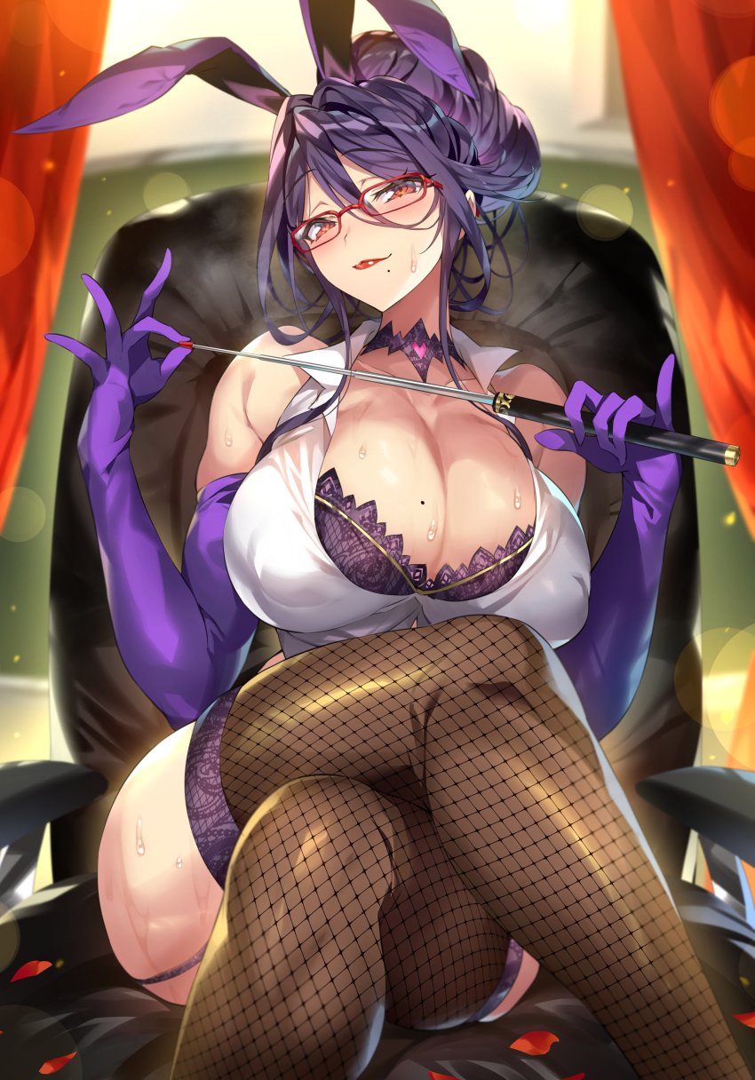 1girl, absurdres, animal_ears, bare_shoulders, baton, blush, breasts, chair, cleavage, closed_mouth, collarbone, commentary_request, covered_erect_nipples, crossed_legs, elbow_gloves, fake_animal_ears, fishnet_thighhighs, fishnets, garter_straps, glasses, gloves, highres, holding, large_breasts, lips, lipstick, looking_at_viewer, makeup, mature_female, mizuki_(bunnystein_fantasy), mole, mole_on_breast, mole_under_mouth, original, petals, purple_hair, rabbit_ears, red_eyes, senri_gan, shiny_clothes, shiny_skin, simple_background, sitting, smile, solo, sweat, sweatdrop, thighhighs, thighs