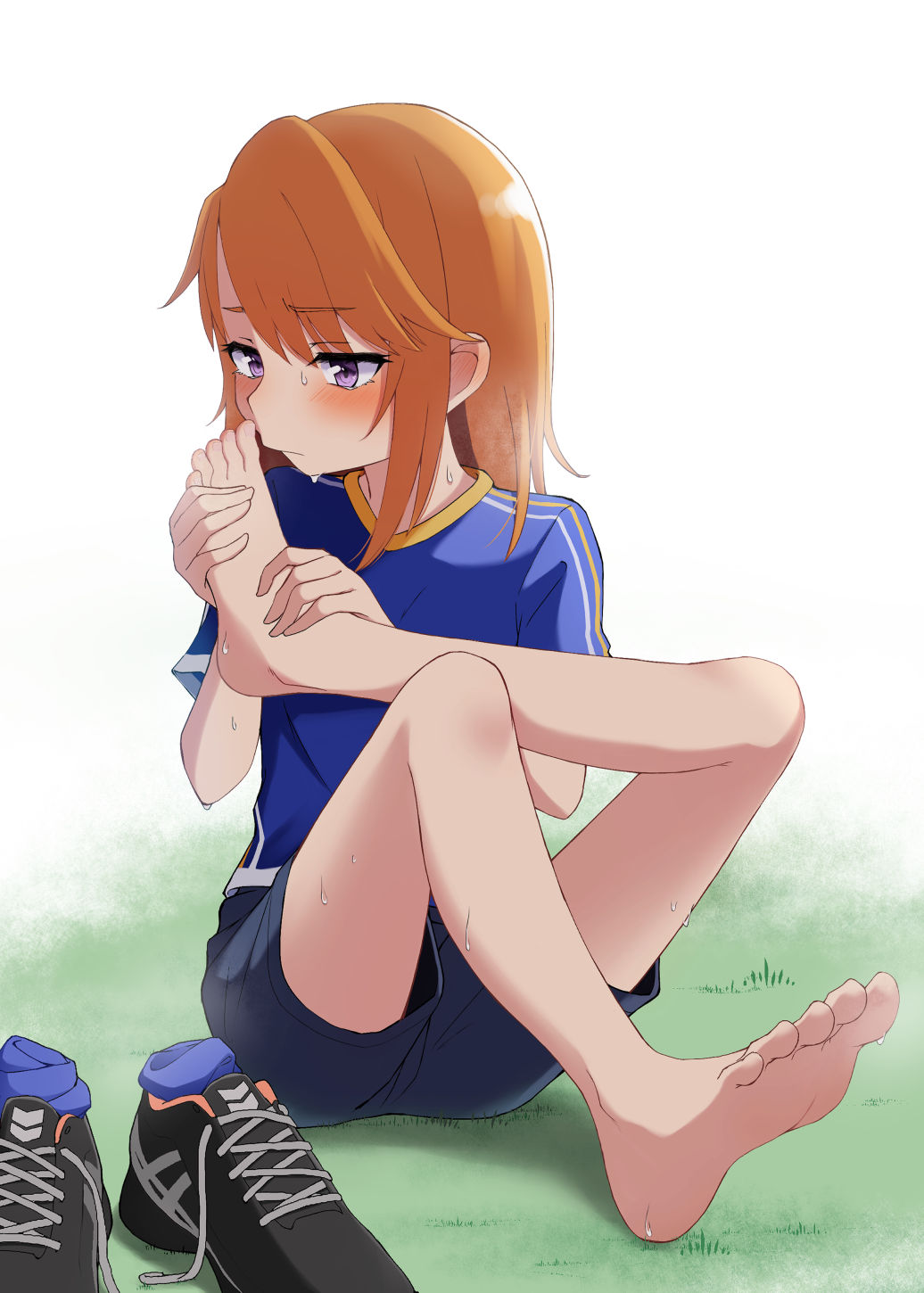 1girl, akita_chika, bare_legs, barefoot, blue_socks, blush, feet, grass