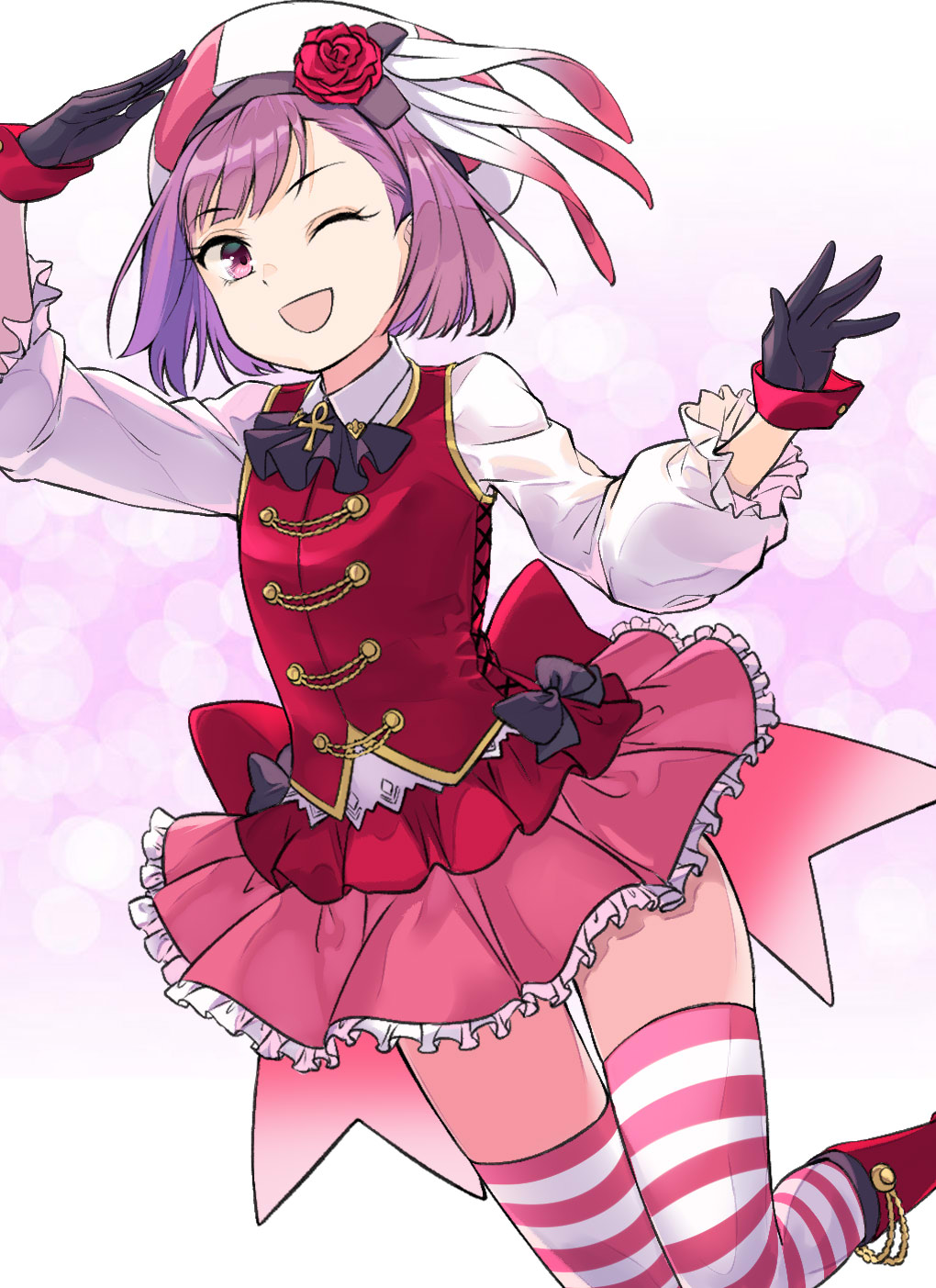 1girl, ankh, beret, black_gloves, blush, breasts, coffeekite, collared_shirt