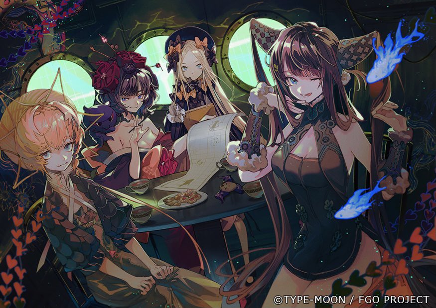 4girls, abigail_williams_(fate), abigail_williams_(first_ascension)_(fate), bare_shoulders, black_bow, black_dress, black_headwear, blonde_hair, blue_eyes, blue_fire, blue_shirt, blush, bow, braid, braided_ponytail, breasts, brown_skirt, china_dress, chinese_clothes, cleavage, collarbone, detached_sleeves, dress, endo_(takolegs), fate/grand_order, fate_(series), fire, fish, food, forehead, hair_bow, hair_ornament, hairpin, hat, japanese_clothes, katsushika_hokusai_(fate), katsushika_hokusai_(second_ascension)_(fate), kimono, large_breasts, leaf_hair_ornament, long_hair, long_sleeves, looking_at_viewer, looking_to_the_side, multiple_girls, multiple_hair_bows, octopus, off_shoulder, one_eye_closed, orange_bow, orange_hair, parted_bangs, polka_dot, polka_dot_bow, purple_hair, purple_kimono, red_kimono, ribbed_dress, shirt, short_hair, side_ponytail, side_slit, sidelocks, sitting, skirt, sleeves_past_fingers, sleeves_past_wrists, small_breasts, smile, straw_hat, table, thighs, tongue, tongue_out, toto-sama_(fate), twintails, van_gogh_(fate), van_gogh_(first_ascension)_(fate), very_long_hair, wide_sleeves, yang_guifei_(fate), yang_guifei_(second_ascension)_(fate)