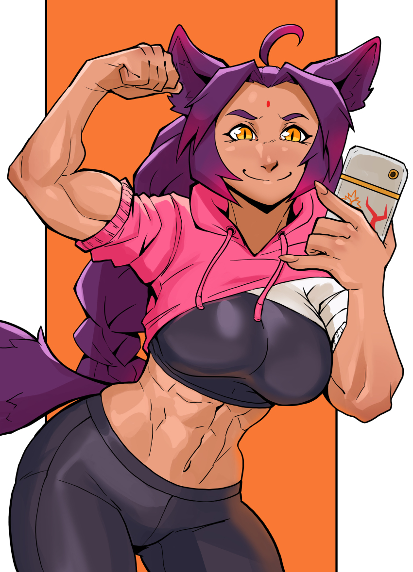 1girl, abs, absurdres, ahoge, animal_ear_fluff, animal_ears, biceps, bindi