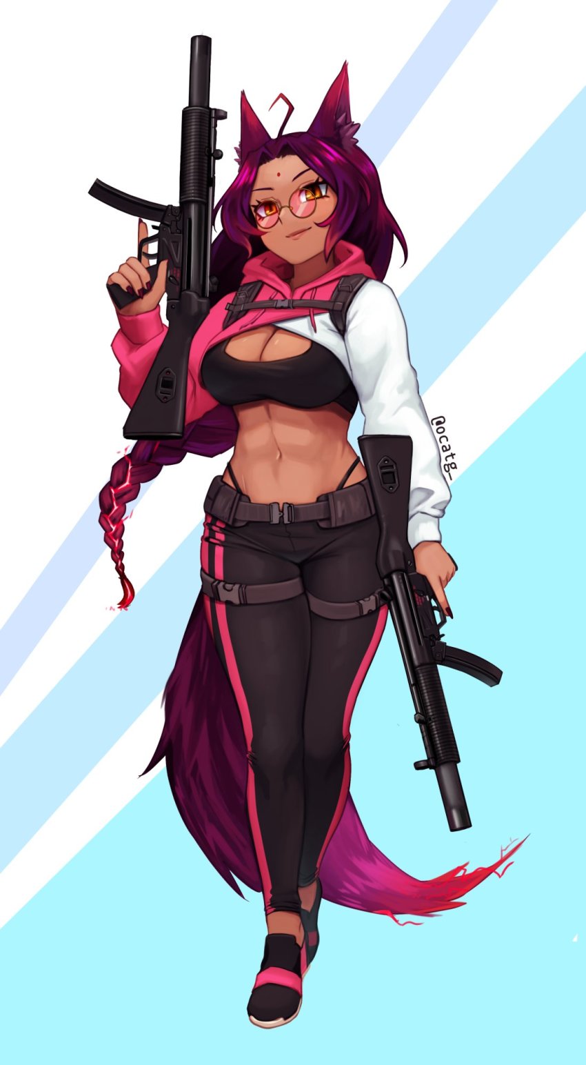 1girl, abs, ahoge, animal_ear_fluff, animal_ears, belt, bindi, black_panties, black_sports_bra, borrowed_character, braid, breasts, cat_ears, cat_tail, cleavage, commentary, commission, cropped_hoodie, dark-skinned_female, dark_skin, dual_wielding, edie_crop_hoodie, english_commentary, fingernails, full_body, glasses, gun, h&amp;k_mp5, highleg, highleg_panties, highres, holding, holding_gun, holding_weapon, holster, hood, hood_down, hoodie, iori_(ryushiko), large_breasts, lips, long_braid, long_hair, looking_over_eyewear, looking_over_glasses, midriff, nail_polish, navel, ocatg, orange_eyes, original, panties, pants, pince-nez, pink-tinted_eyewear, pink-tinted_glasses, purple_hair, purple_nails, round_eyewear, sharp_fingernails, shoes, shoulder_holster, single_braid, sneakers, solo, sports_bra, striped, submachine_gun, sunglasses, tail, thigh_strap, tinted_eyewear, trigger_discipline, twitter_username, underwear, vertical_stripes, very_long_tail, walking, weapon, yellow-framed_eyewear, yoga_pants