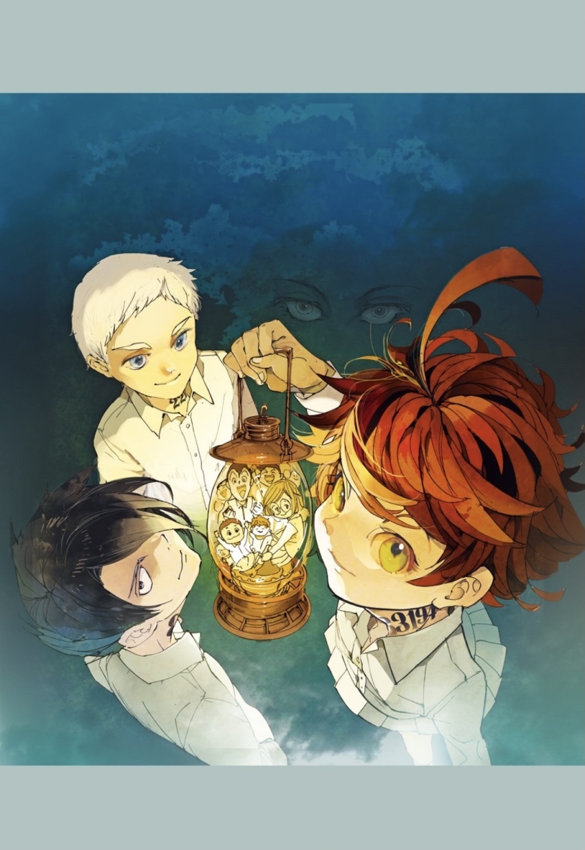 4boys, 5girls, ahoge, black_eyes, black_hair, blue_eyes, carol_(yakusoku_no_neverland), collared_shirt, demizu_posuka, don_(yakusoku_no_neverland), emma_(yakusoku_no_neverland), eyebrows, eyelashes, forehead, gilda_(yakusoku_no_neverland), green_eyes, hair_over_one_eye, highres, isabella_(yakusoku_no_neverland), lantern, long_sleeves, looking_at_another, looking_at_viewer, matching_outfits, multiple_boys, multiple_girls, neck_tattoo, norman_(yakusoku_no_neverland), official_art, one_eye_covered, orange_hair, pale_skin, pants, phil_(yakusoku_no_neverland), ray_(yakusoku_no_neverland), shirt, short_hair, skirt, three-quarter_sleeves, smile, tattoo, white_hair, white_legwear, white_pants, white_shirt, white_skirt, yakusoku_no_neverland