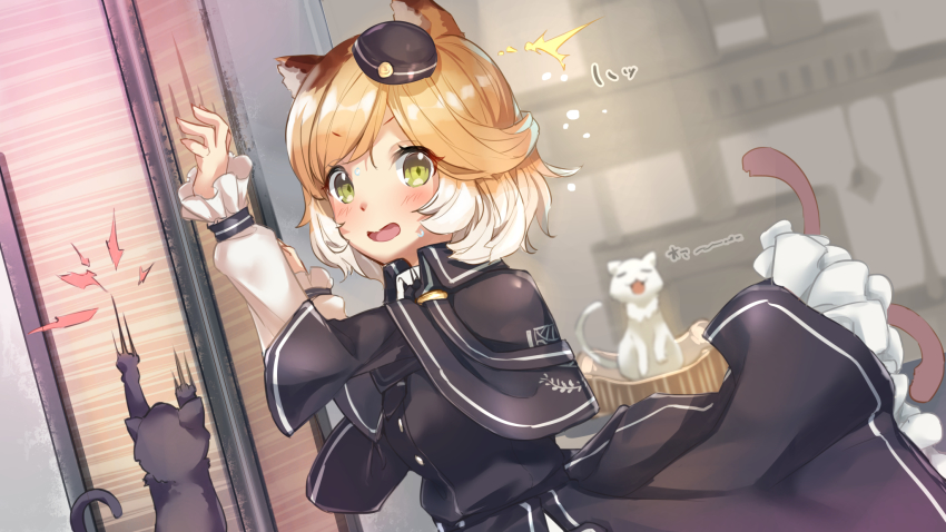 1girl, animal_ears, arknights, blonde_hair, blush, buttons, capelet, cat