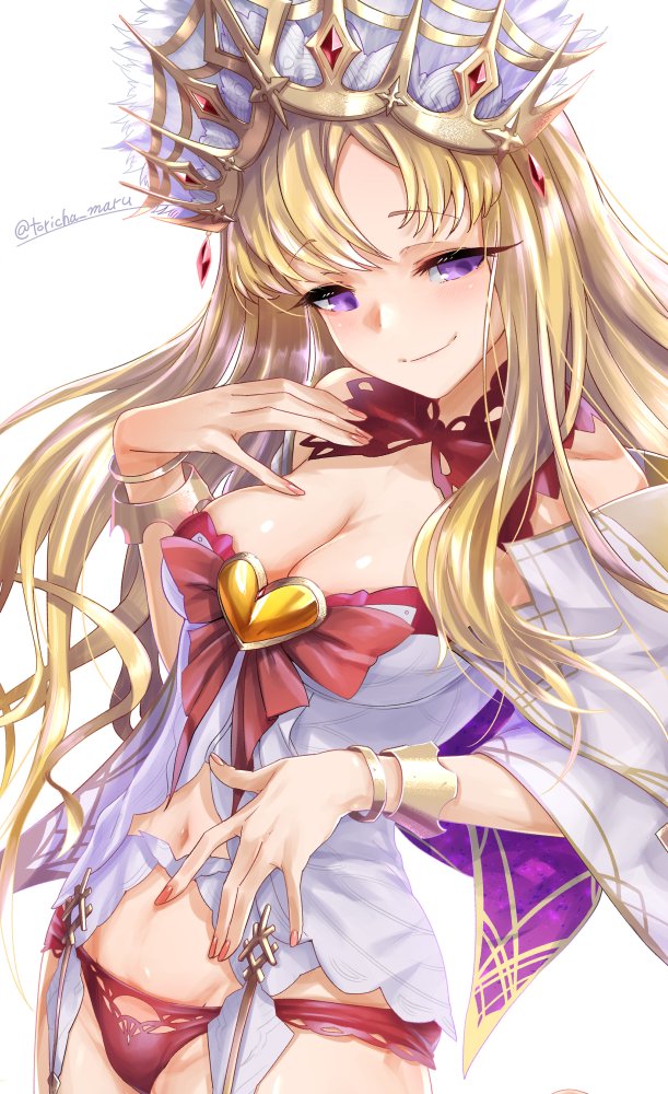 1girl, bare_shoulders, blonde_hair, bow, bracelet, breasts, cleavage, crown