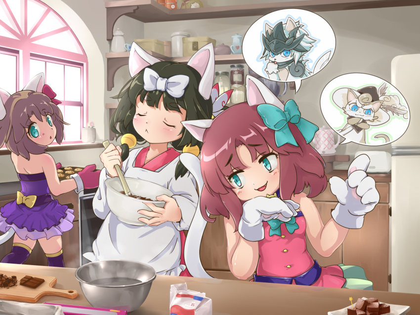 3girls, animal_ears, animal_hands, apron, aqua_bow, aqua_eyes, black_hair, bow