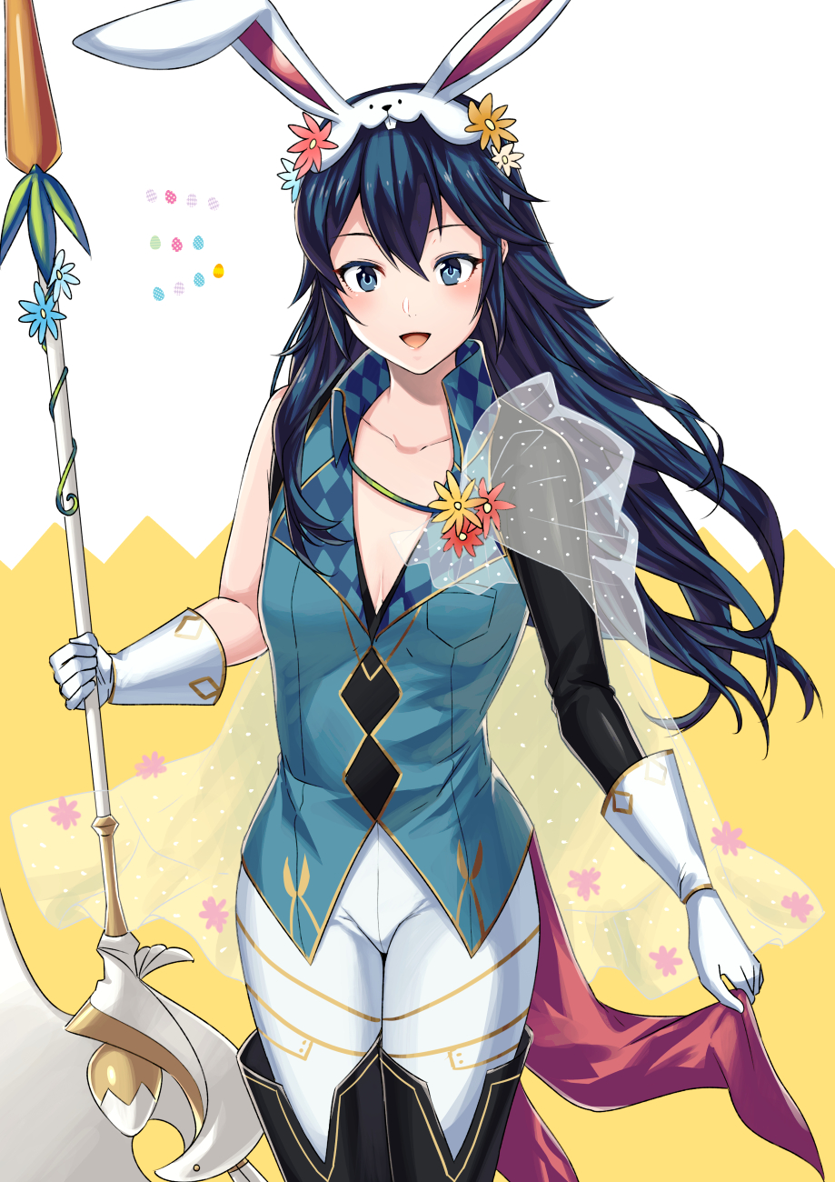 1girl, alternate_costume, ameno_(a_meno0), animal_ears, bad_id, bad_twitter_id, bare_arms, blue_eyes, blue_hair, carrot, chrom_(fire_emblem), chrom_(fire_emblem)_(cosplay), chrom_(spring_exalt)_(fire_emblem), cosplay, easter, fire_emblem, fire_emblem_awakening, fire_emblem_heroes, gloves, highres, lance, light_blush, long_hair, lucina_(fire_emblem), nintendo, open_mouth, polearm, rabbit_ears, smile, solo, spear, symbol-shaped_pupils, weapon