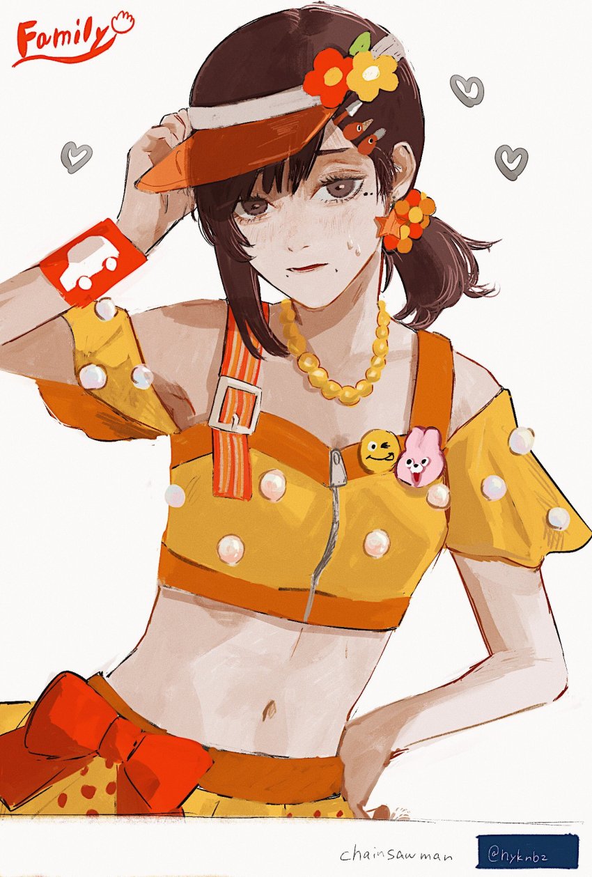 1girl, alternate_costume, asymmetrical_hair, bead_necklace, beads, black_eyes, black_hair, blush, bow, breasts, chainsaw_man, commentary, copyright_name, cowboy_shot, crop_top, english_text, flower, fuyukonbu, hair_flower, hair_ornament, hairclip, hand_on_own_head, hand_on_own_hip, hat, heart, higashiyama_kobeni, highres, hyknbz, jewelry, looking_at_viewer, midriff, mole, mole_under_eye, mole_under_mouth, navel, necklace, orange_bow, orange_hat, parted_lips, polka_dot, polka_dot_skirt, pom_pom_(clothes), shirt, short_hair, simple_background, skirt, small_breasts, solo, strap, sweatband, sweatdrop, traditional_media, twitter_username, visor_cap, white_background, wristband, yellow_shirt, yellow_skirt, zipper