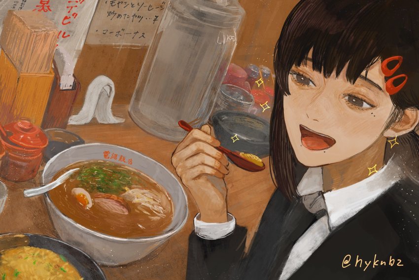 1girl, asymmetrical_hair, black_eyes, black_hair, black_jacket, black_necktie, bowl, chainsaw_man, chopsticks, collared_shirt, commentary, dress_shirt, eating, egg, eyelashes, food, formal_clothes, fried_rice, fuyukonbu, hair_ornament, hairclip, higashiyama_kobeni, highres, holding, holding_spoon, hyknbz, jacket, jar, long_sleeves, meat, mole, mole_under_eye, mole_under_mouth, necktie, noodles, open_mouth, ramen, restaurant, shirt, short_hair, smile, solo, soup, sparkle, spoon, suit, traditional_media, twitter_username, upper_body, wing_collar