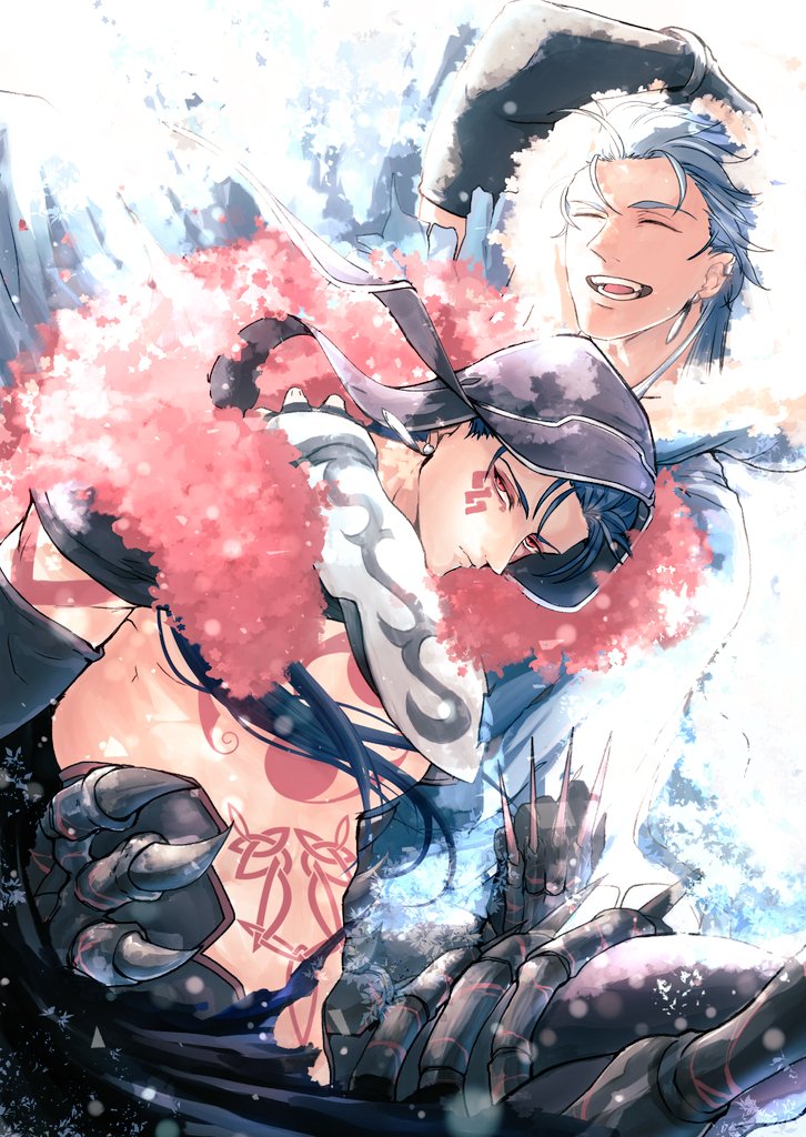 2boys, betushio, black_gloves, blue_hair, chest_tattoo, closed_eyes, closed_mouth, cu_chulainn_(caster)_(fate)