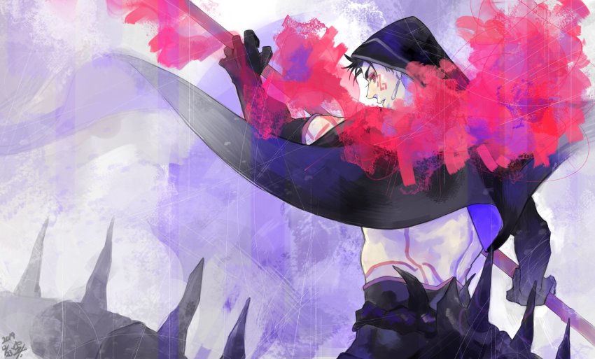 1boy, arm_tattoo, black_cape, black_gloves, black_hair, blooming_yuki, cape, cowboy_shot