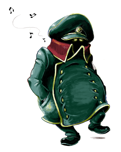 1boy, alien, coat, conductor_(galaxy_express_999), conductor_(ginga_tetsudou_999), ginga_tetsudou_999, glowing, glowing_eyes, hat, male_focus, music, musical_note, peaked_cap, realistic, science_fiction, simple_background, singing, solo, uniform, whistling, yamao