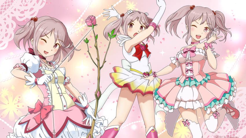 1girl, bang_dream!, bang_dream!_girls_band_party!, bishoujo_senshi_sailor_moon, boots, bow, brooch, bubble_skirt