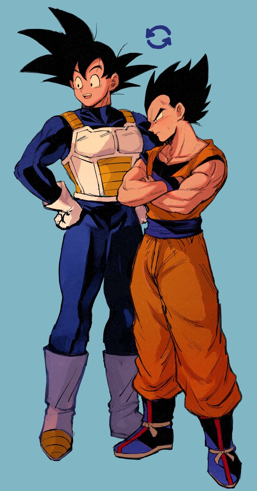 2boys, absurdres, ankle_boots, aqua_background, armor, arrow_(symbol), black_eyes, black_hair, blue_bodysuit, blue_footwear, bodysuit, boots, closed_mouth, cosplay, costume_switch, crossed_arms, dougi, dragon_ball, dragonball_z, facing_viewer, frown, full_body, gloves, hands_on_own_hips, happy, height_difference, highres, knee_boots, looking_afar, male_focus, mamefuku_(mamedehuku), multiple_boys, muscular, open_mouth, orange_pants, orange_shirt, pants, pectorals, profile, saiyan_armor, serious, shirt, side-by-side, simple_background, smile, son_goku, spiked_hair, standing, teeth, thighs, upper_teeth_only, vegeta, white_footwear, white_gloves, wristband