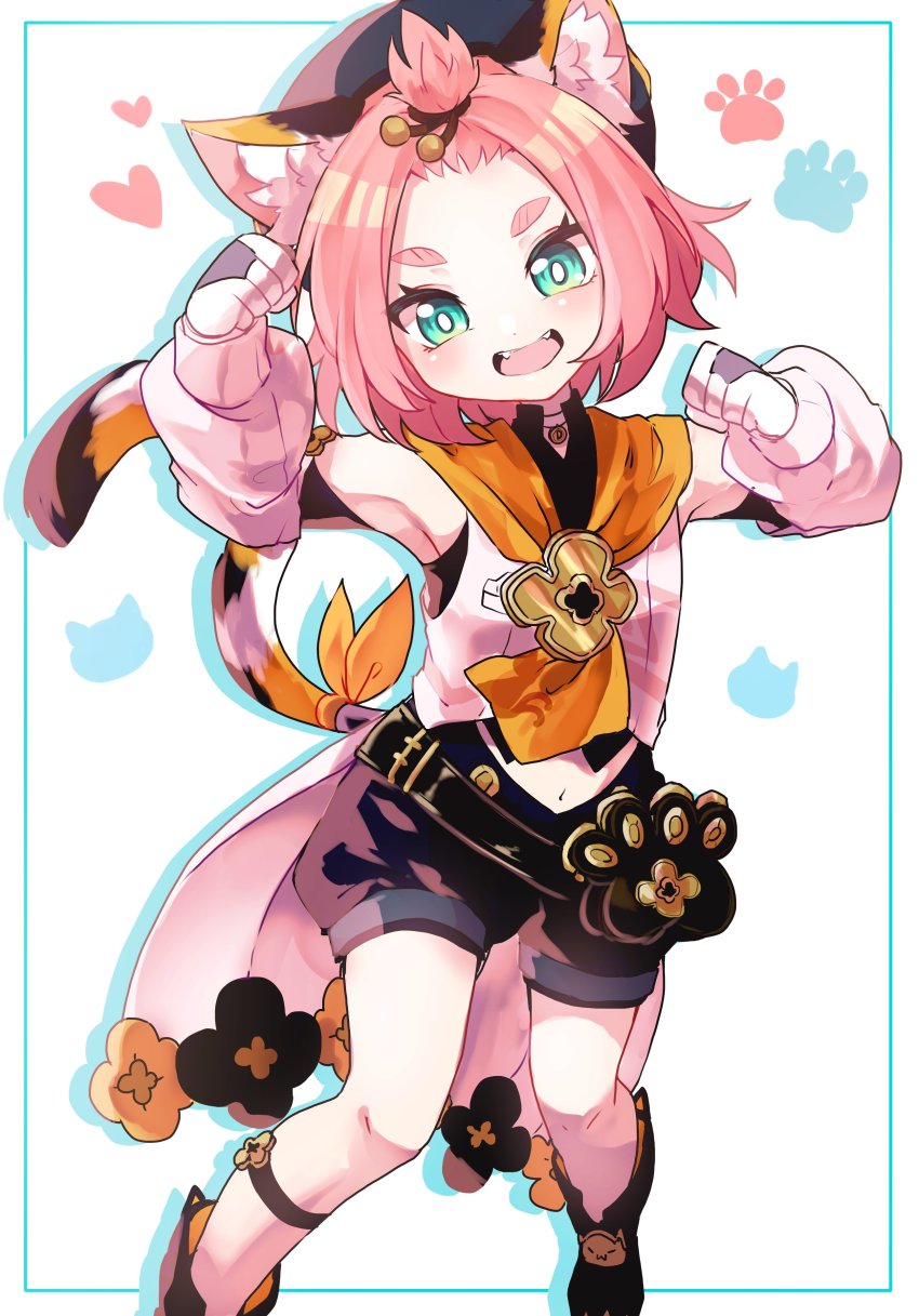 1girl, absurdres, animal_ear_fluff, animal_ears, aqua_eyes, bangs_pinned_back, black_footwear, black_shorts, blush, cat_ears, cat_girl, cat_tail, detached_sleeves, diona_(genshin_impact), fangs, genshin_impact, gloves, hat, heart, highres, navel, paw_pose, paw_print, pink_hair, ryu_genshin77, short_hair, shorts, simple_background, solo, tail, thick_eyebrows, white_background, white_gloves