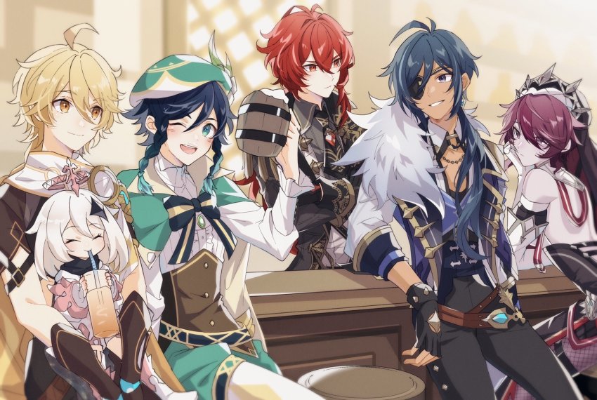 2girls, 4boys, aether_(genshin_impact), ahoge, antenna_hair, aqua_eyes, aqua_hair, backless_outfit