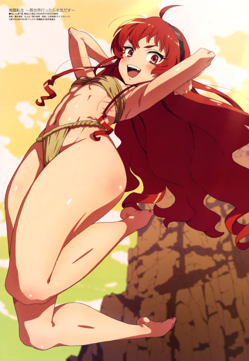 abs, absurdres, ahoge, armpits, bandeau, barefoot, black_hairband, breasts, cameltoe, cloud, eris_greyrat, fujii_shingo, full_body, fundoshi, hairband, highres, japanese_clothes, jumping, long_hair, looking_at_viewer, megami_magazine, midair, mushoku_tensei, navel, official_art, open_mouth, red_eyes, red_hair, small_breasts, solo, thick_eyebrows, thighs, toned, toned_female, very_long_hair, wide_hips
