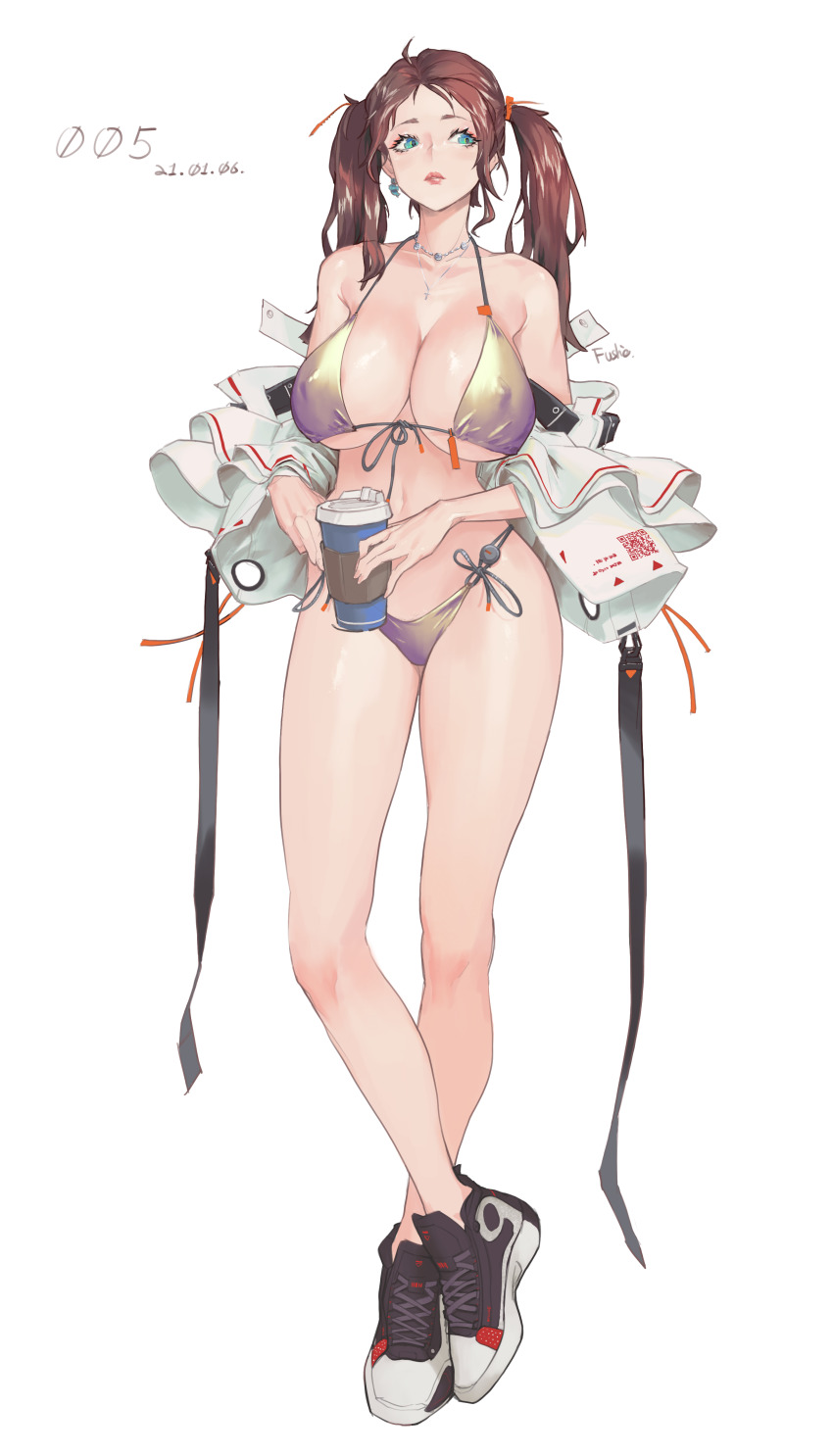 1girl, absurdres, aqua_eyes, artist_name, bikini, blue_eyes, breasts, brown_hair