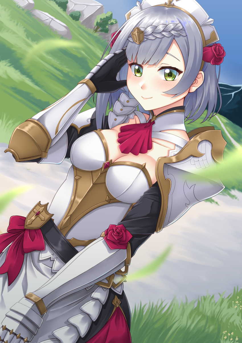 1girl, armor, ascot, blush, braid, braided_bangs, breasts, cleavage