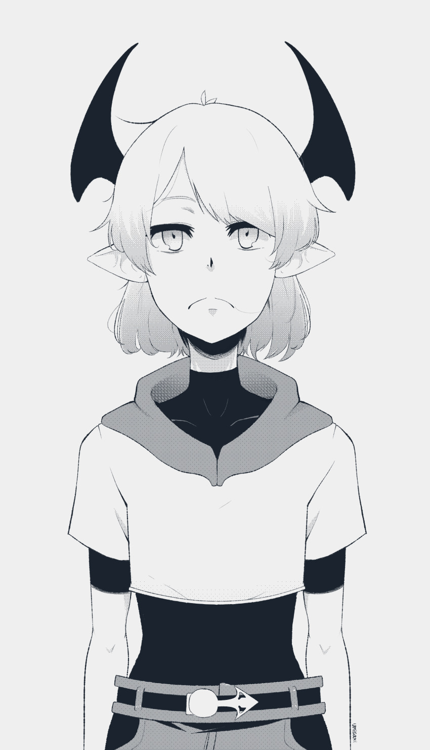 absurdres, black_bodysuit, bodysuit, emergence_(shindol), highres, hood, horns, maeda_minoru_(umisaki), medium_hair, monochrome, original, parody, shindol, simple_background, umisaki, yoshida_saki