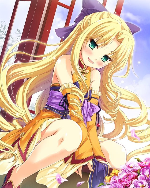 1girl, blonde_hair, blush, bow, curly_hair, detached_sleeves, dress, enjutsu_(koihime_musou)