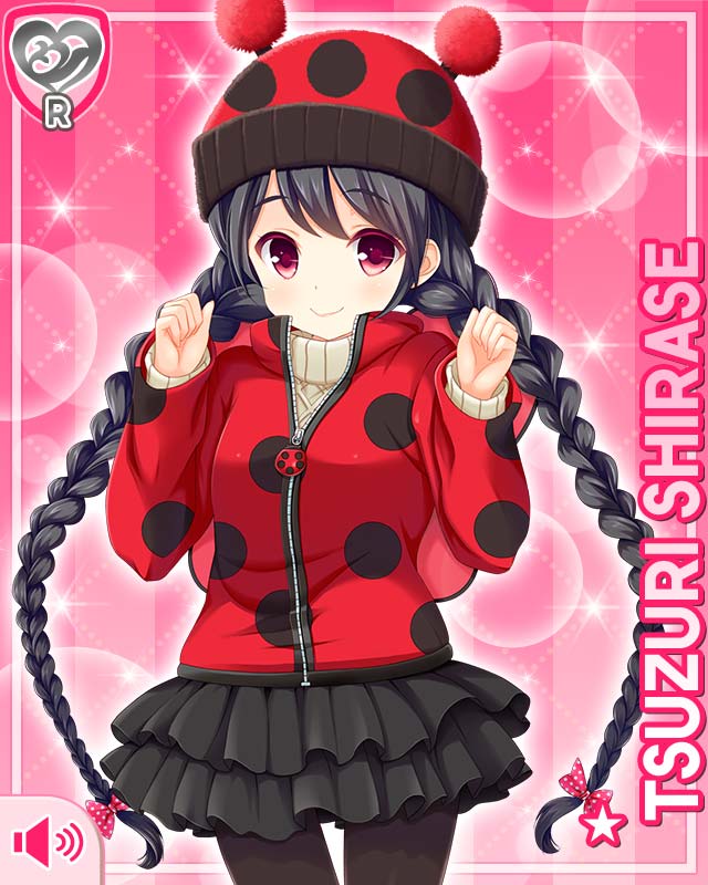 1girl, ahoge, black_hair, black_leggings, black_skirt, bow, card_(medium), character_name