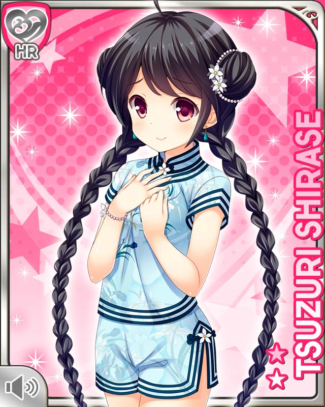 1girl, ahoge, black_hair, blouse, blue_shirt, blue_shorts, bow, card_(medium)