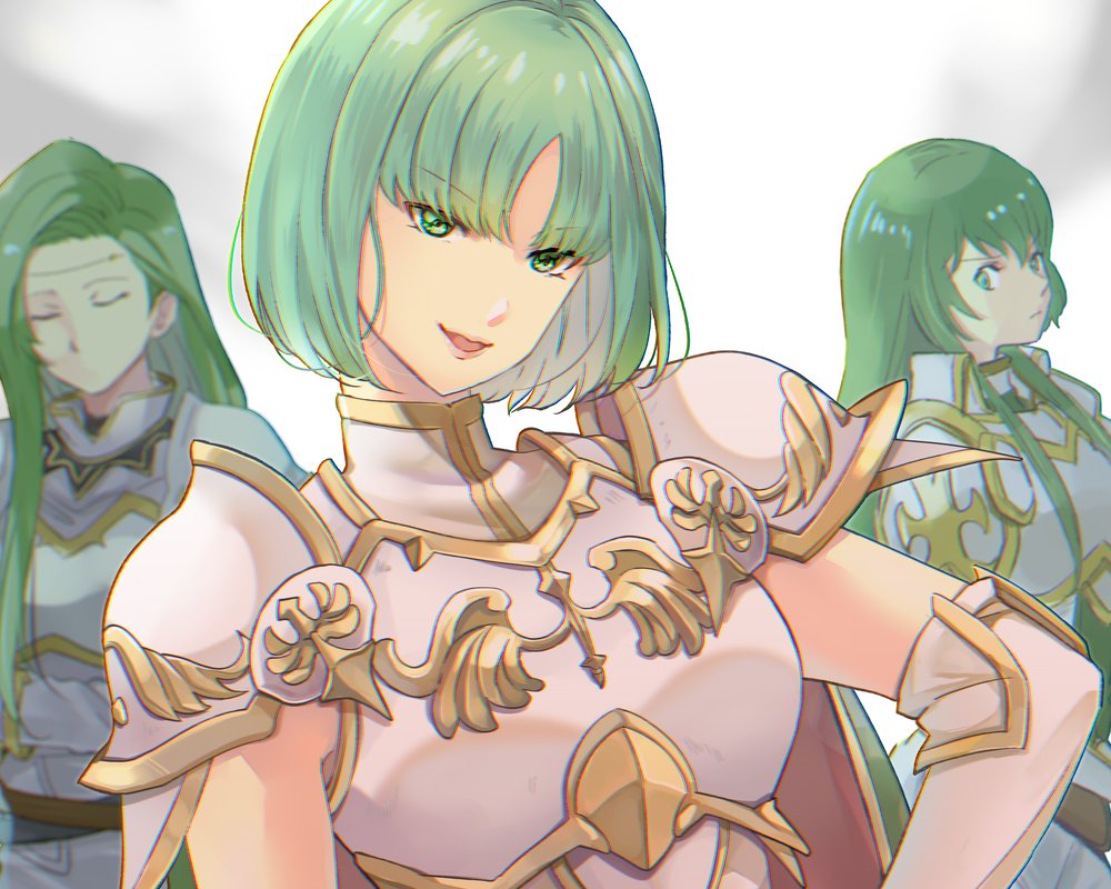 3girls, annand_(fire_emblem), anzk232, armor, bob_cut, closed_eyes, closed_mouth, crossed_arms