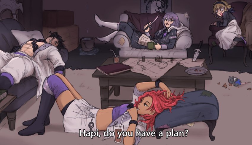 2boys, 2girls, abs, balthus_von_albrecht, black_eyes, black_footwear, black_gloves, black_hair