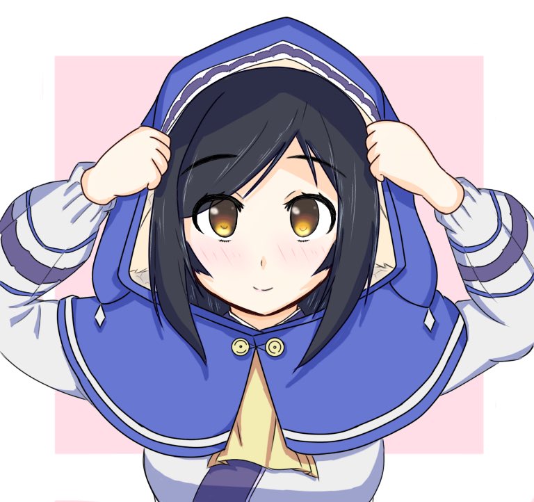 1girl, ainu_clothes, aquaplus, black_hair, blush, breasts, hood, kuon_(utawarerumono)