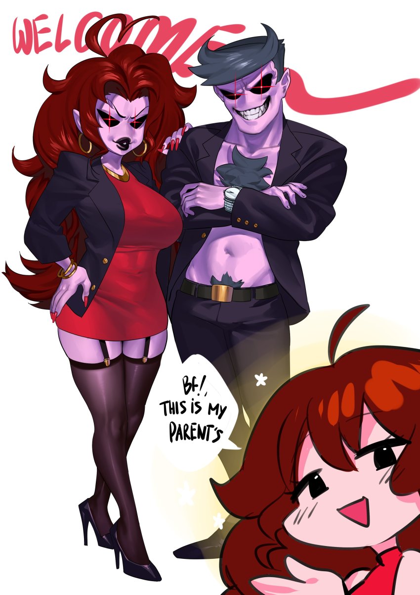 1boy, 2girls, :>, absurdres, ahoge, bangle, bare_pectorals, bare_shoulders, belt, belt_buckle, black_eyes, black_lips, black_pants, black_pubic_hair, black_sclera, blue_hair, bracelet, breasts, brown_hair, buckle, chest_hair, colored_sclera, colored_skin, commentary, crossed_arms, daddy_dearest, diffraction_spikes, dress, earrings, english_commentary, english_text, family, fangs, friday_night_funkin', full_body, garter_straps, girlfriend's_dad_(friday_night_funkin'), girlfriend's_mom_(friday_night_funkin'), girlfriend_(friday_night_funkin'), glowing, glowing_eyes, gradient_outline, grin, groin, hand_on_own_hip, heart, heart_ahoge, high_heels, highres, hoop_earrings, husband_and_wife, jacket, jewelry, large_breasts, long_hair, looking_at_viewer, male_pubic_hair, mature_female, mature_male, medium_breasts, microdress, mommy_mearest, multiple_girls, muscular, muscular_male, nail_polish, nia_(nia4294), no_nose, open_clothes, open_jacket, open_mouth, outline, pants, pectorals, pointy_ears, pubic_hair, pubic_hair_peek, pumps, purple_skin, red_dress, red_eyes, red_hair, red_nails, shoes, short_dress, simple_background, skindentation, smile, standing, thighhighs, thighs, topless_male, triangle_mouth, watch, white_background, wristwatch, zettai_ryouiki