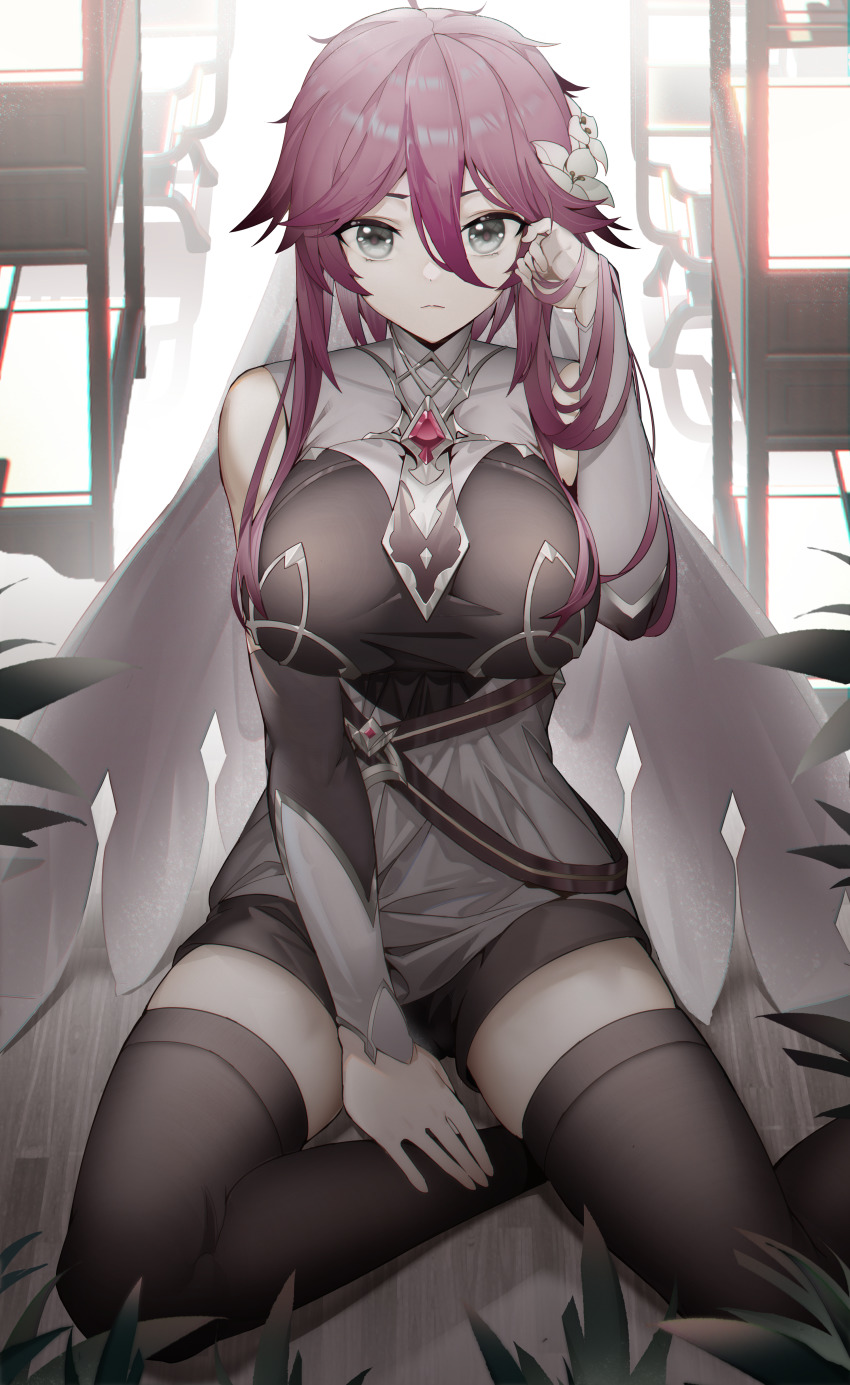 1girl, absurdres, bare_shoulders, black_thighhighs, breasts, closed_mouth, collarbone, detached_sleeves