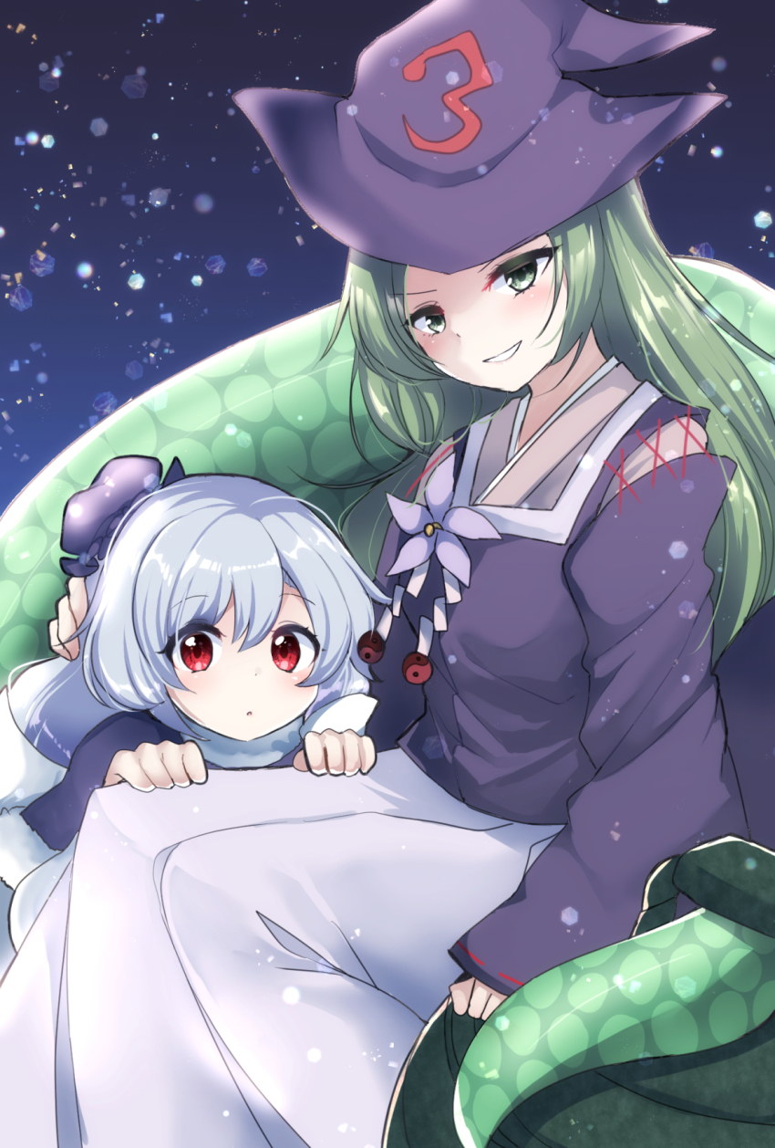 2girls, abe_no_kiyohime, blue_hair, capelet, green_eyes, green_hair, hat, highres