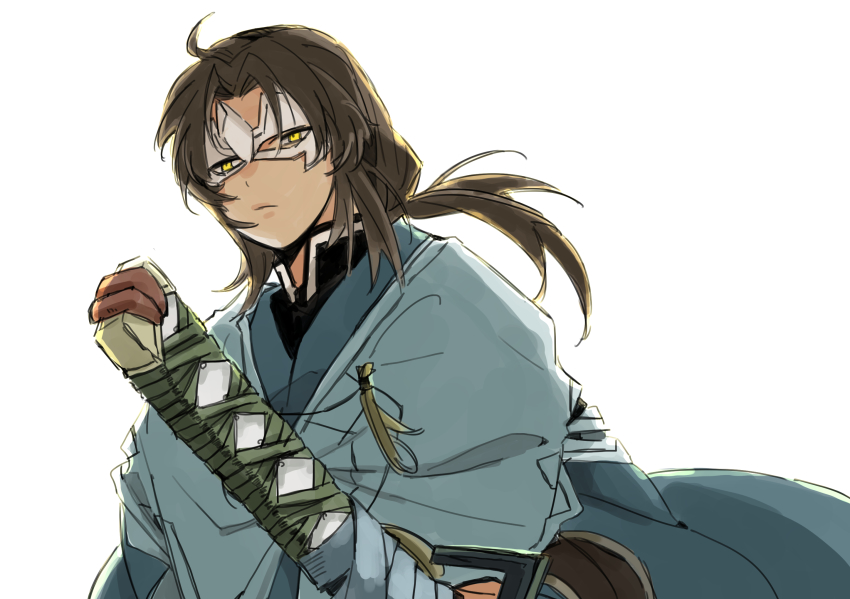 1boy, ahoge, aquaplus, brown_hair, fainekokiti, haku_(utawarerumono), highres, japanese_clothes