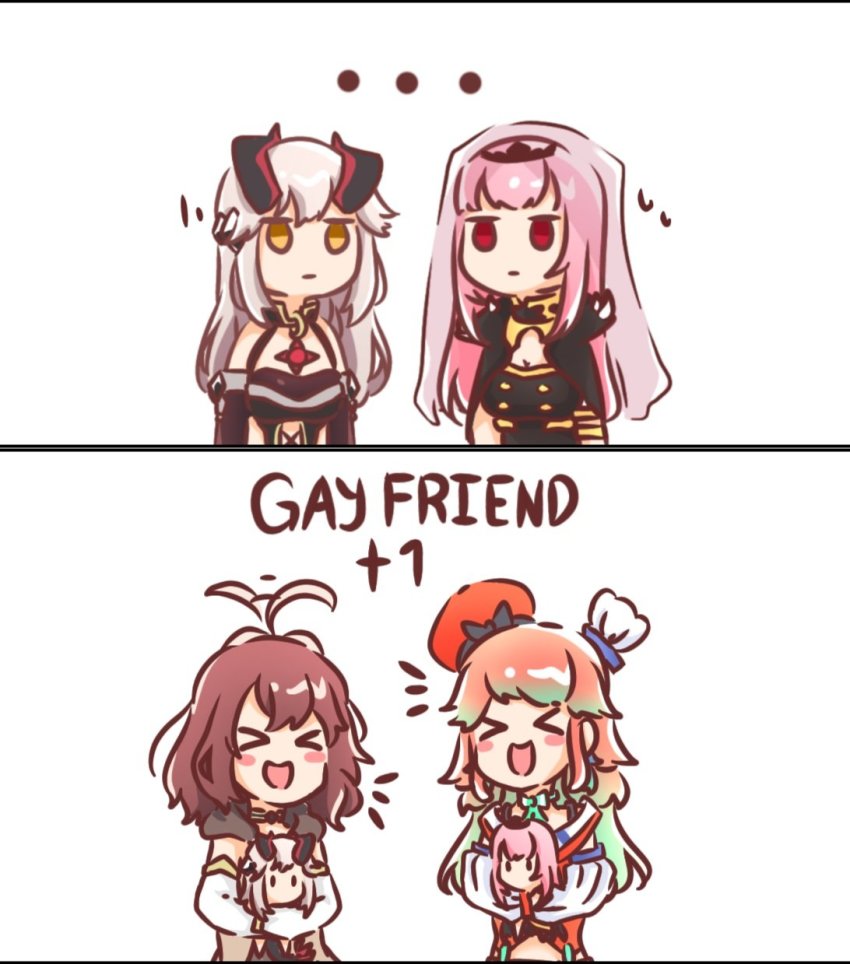 >_<, ..., ahoge, ahoge_wag, black_capelet, black_dress, black_sleeves, blush_stickers, bow, brown_hair, capelet, character_doll, chef_hat, choker, commentary, detached_sleeves, doll, dress, english_commentary, english_text, expressive_hair, green_hair, green_neckwear, hat, highres, hololive, hololive_english, horns, hugging_object, hyurisaki, long_hair, mage_and_demon_queen, medium_hair, mori_calliope, multicolored_hair, orange_hair, orange_headwear, pink_hair, puffy_sleeves, red_eyes, simple_background, sweatdrop, takanashi_kiara, tiara, veil, virtual_youtuber, white_background, white_hair, white_sleeves, yellow_eyes