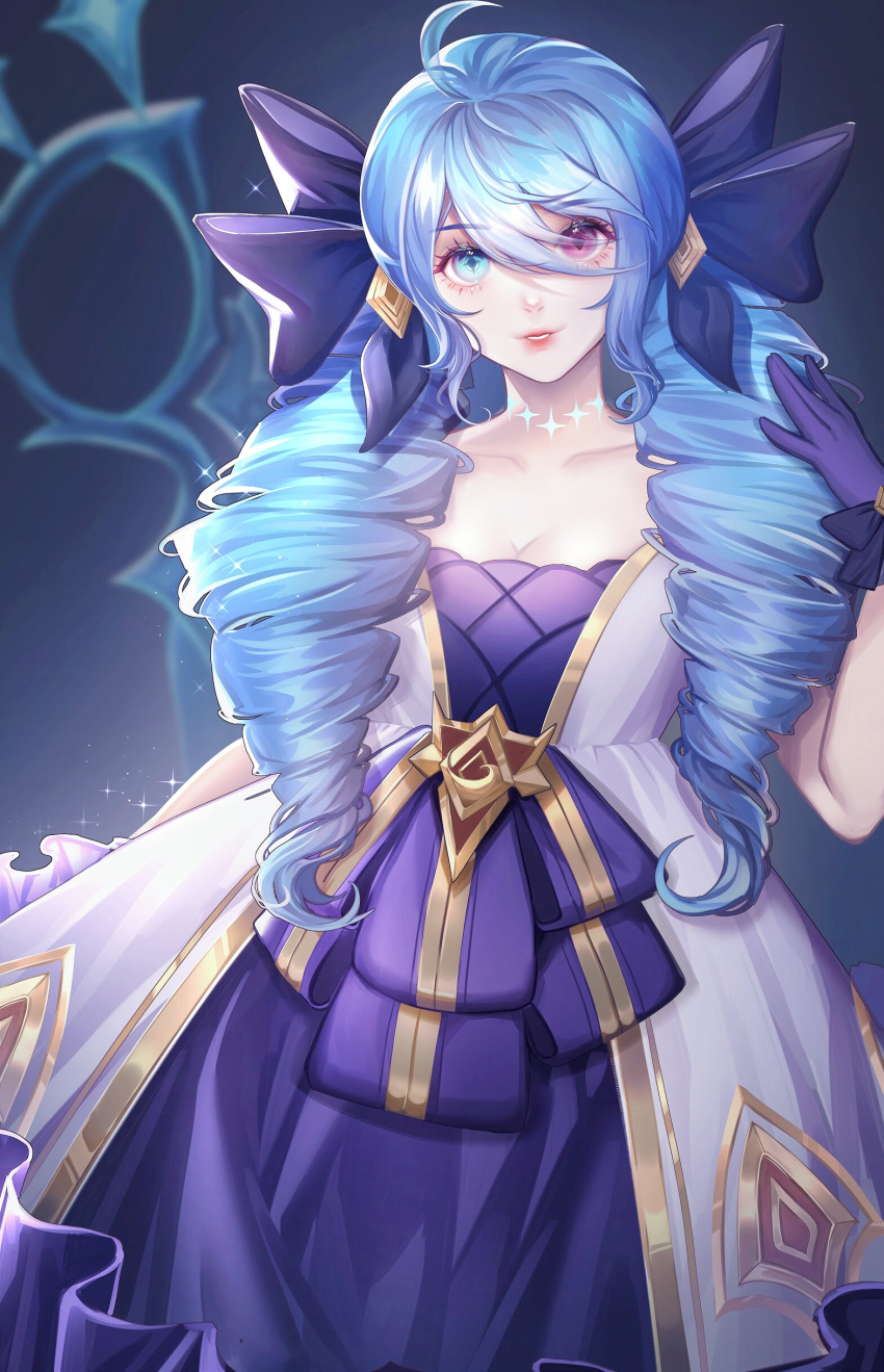 absurdres, ahoge, blue_eyes, blue_hair, bow, breasts, cleavage, dress, drill_hair, eyes_visible_through_hair, gold_trim, gwen_(league_of_legends), hand_in_own_hair, heterochromia, highres, league_of_legends, lolita_fashion, looking_at_viewer, purple_eyes, saikayo, scissors, smile, sparkle, stitched_neck, stitches, twin_drills