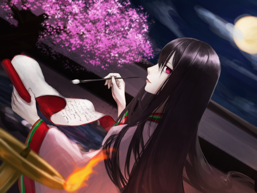 1girl, absurdres, aito, black_hair, blunt_bangs, calligraphy, calligraphy_brush, cloud