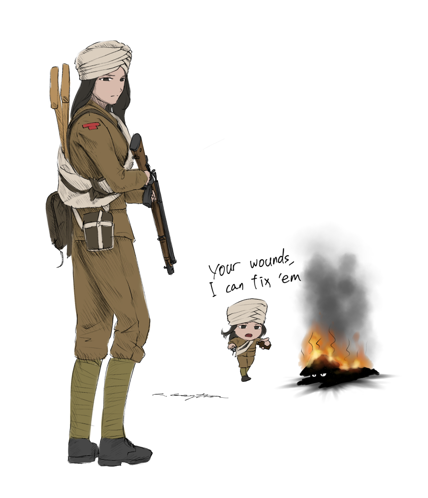 1girl, absurdres, battlefield_(series), battlefield_1, burning, combat_medic, crutch, fire, gun, highres, long_hair, military, military_combat_uniform, military_uniform, puttee, rifle, ryan_greythorn, signature, smoke, soldier, turban, weapon, world_war_i