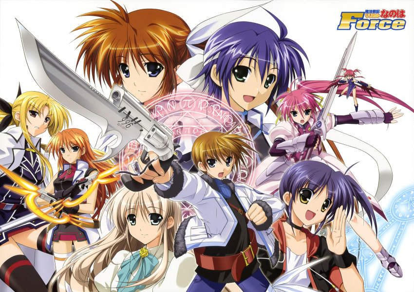 00s, 1boy, 6+girls, absurdres, agito, agito_(nanoha), armor, bardiche_(nanoha)