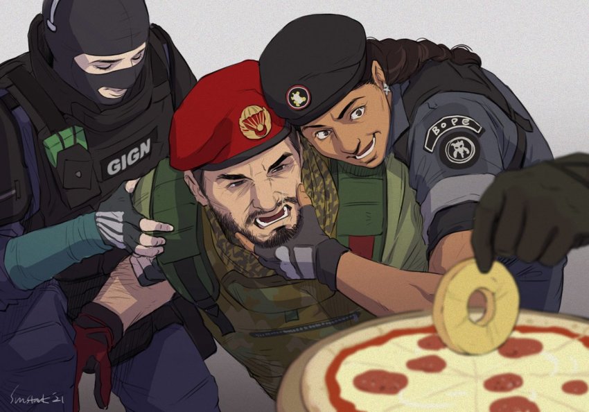 1girl, 1other, 2boys, arm_hair, beard, black_gloves, black_headwear, brown_eyes