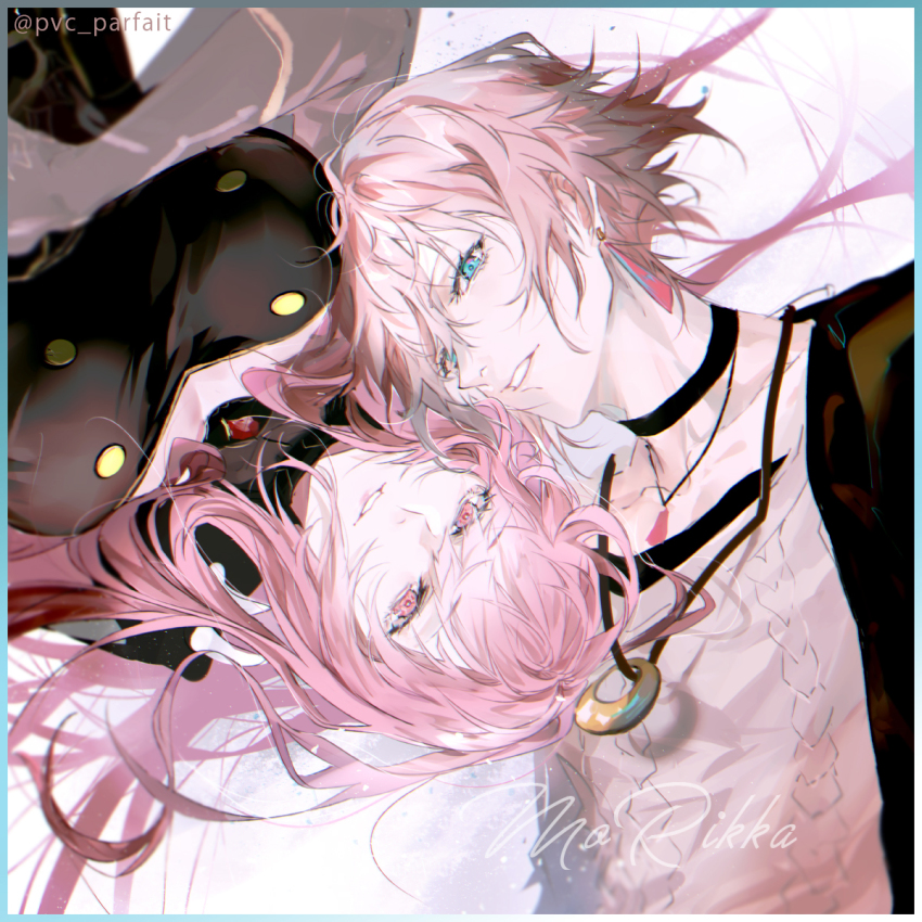 1boy, 1girl, black_choker, black_dress, blue_eyes, breasts, choker, cleavage