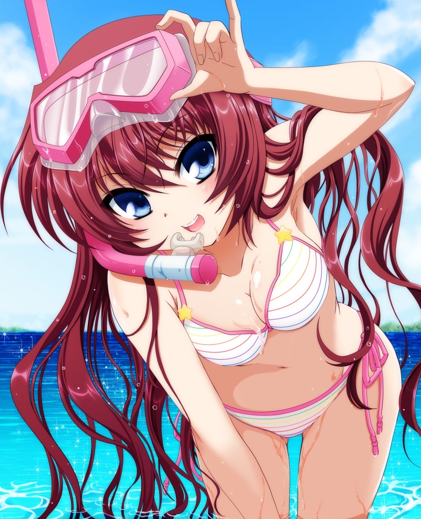 1girl, a-chan_(little_busters!), absurdres, beach, bent_over, bikini, blue_eyes, blue_sky, breasts, brown_hair, cleavage, cloud, commentary_request, cowboy_shot, day, diving_mask, goggles, highres, ikeda_jun_(aquaqua), kud_wafter, leaning_forward, little_busters!, long_hair, looking_at_viewer, medium_breasts, open_mouth, outdoors, round_teeth, side-tie_bikini_bottom, sky, smile, snorkel, solo, striped_bikini, striped_clothes, swimsuit, teeth, upper_teeth_only, wet, wet_clothes, wet_swimsuit, white_bikini