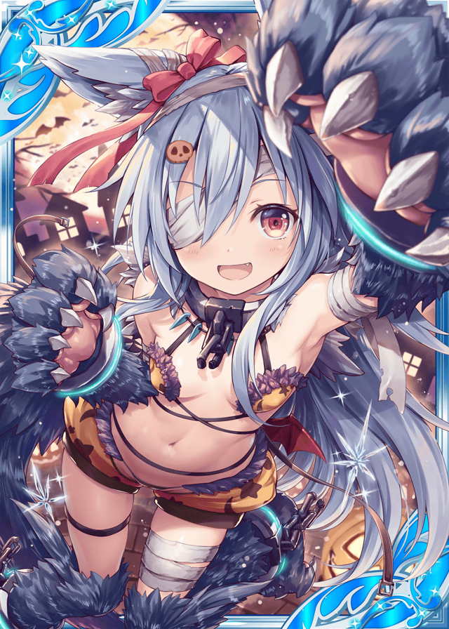 1girl, :d, akkijin, animal_ear_fluff, animal_ears, arm_up, armpits, bandages, bandage_over_one_eye, bandaged_arm, bandaged_leg, bare_shoulders, bat_(animal), blue_hair, breasts, claws, collar, fang, full_moon, garter_straps, halloween, long_hair, looking_at_viewer, mini_wings, moon, navel, official_art, open_mouth, red_eyes, revealing_clothes, shinkai_no_valkyrie, skoll_(shinkai_no_valkyrie), small_breasts, smile, snowflakes, solo, stomach, thigh_strap, thighs, very_long_hair, wings, wolf_ears, wolf_girl