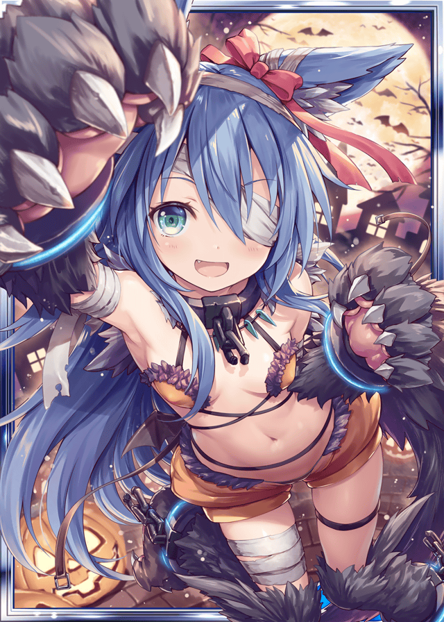 1girl, :d, akkijin, animal_ear_fluff, animal_ears, arm_up, armpits, bandages, bandage_over_one_eye, bandaged_arm, bandaged_leg, bare_shoulders, bat_(animal), blue_hair, breasts, claws, collar, fang, full_moon, garter_straps, green_eyes, halloween, long_hair, looking_at_viewer, mini_wings, moon, navel, official_art, open_mouth, revealing_clothes, shinkai_no_valkyrie, skoll_(shinkai_no_valkyrie), small_breasts, smile, solo, stomach, thigh_strap, thighs, very_long_hair, wings, wolf_ears, wolf_girl