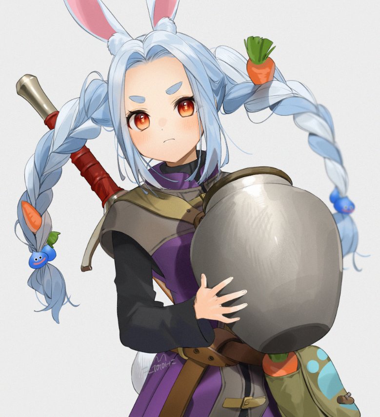 1girl, animal_ear_fluff, animal_ears, bad_id, bad_twitter_id, bag, belt, blue_hair, blush, braid, brown_belt, carrot, carrot_hair_ornament, character_hair_ornament, closed_mouth, cosplay, dragon_quest, dragon_quest_xi, dress, food-themed_hair_ornament, gotoh_(nekocat), hair_ornament, hero_(dq11), hero_(dq11)_(cosplay), holding, hololive, light_blue_hair, long_hair, long_sleeves, looking_at_viewer, messenger_bag, orange_eyes, parted_bangs, paw_print, purple_dress, rabbit_ears, rabbit_girl, rabbit_tail, short_eyebrows, shoulder_bag, signature, slime_(dragon_quest), solo, sword, tail, thick_eyebrows, twin_braids, urn, usada_pekora, virtual_youtuber, weapon, white_background