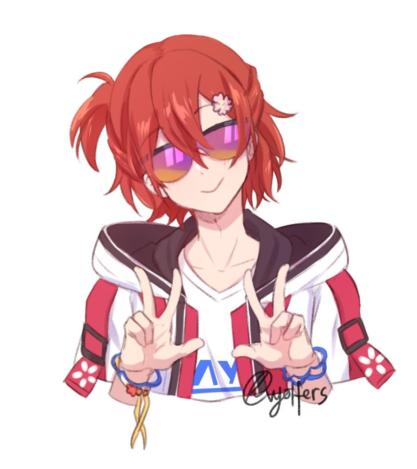 1boy, artist_name, bracelet, collarbone, double_v, flower, hair_behind_ear, hair_flower