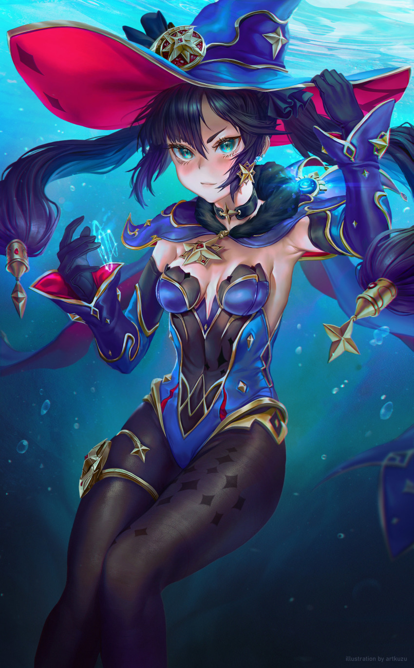 1girl, absurdres, aqua_eyes, artofkuzu, bare_shoulders, black_gloves, black_hair, black_pantyhose