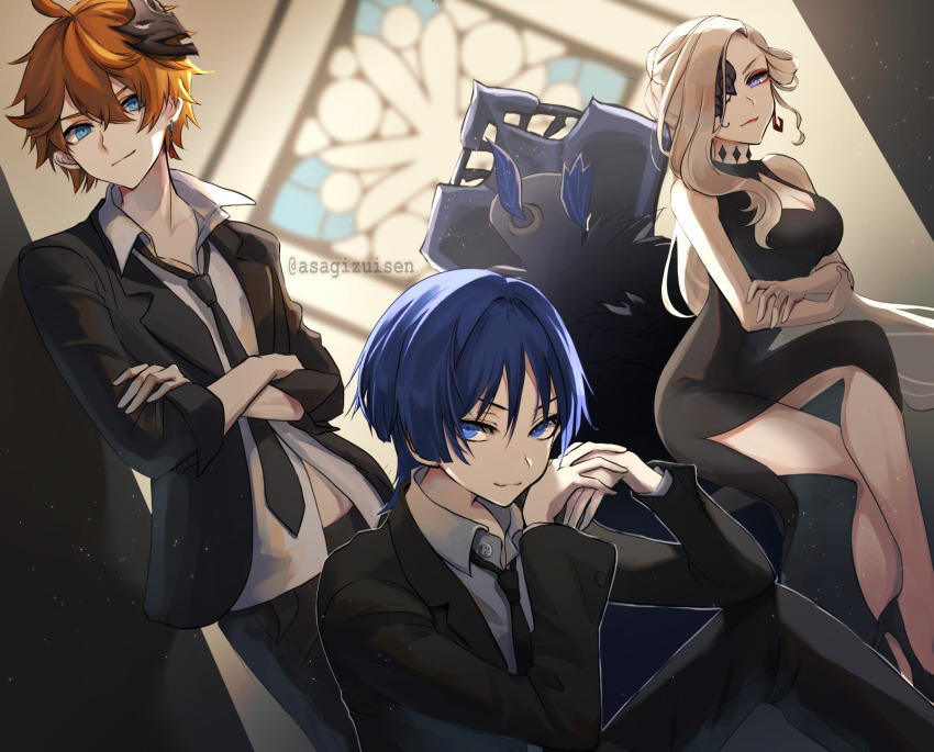 1girl, 2boys, adapted_costume, against_wall, alternate_costume, asagizuisen, black_dress, black_suit