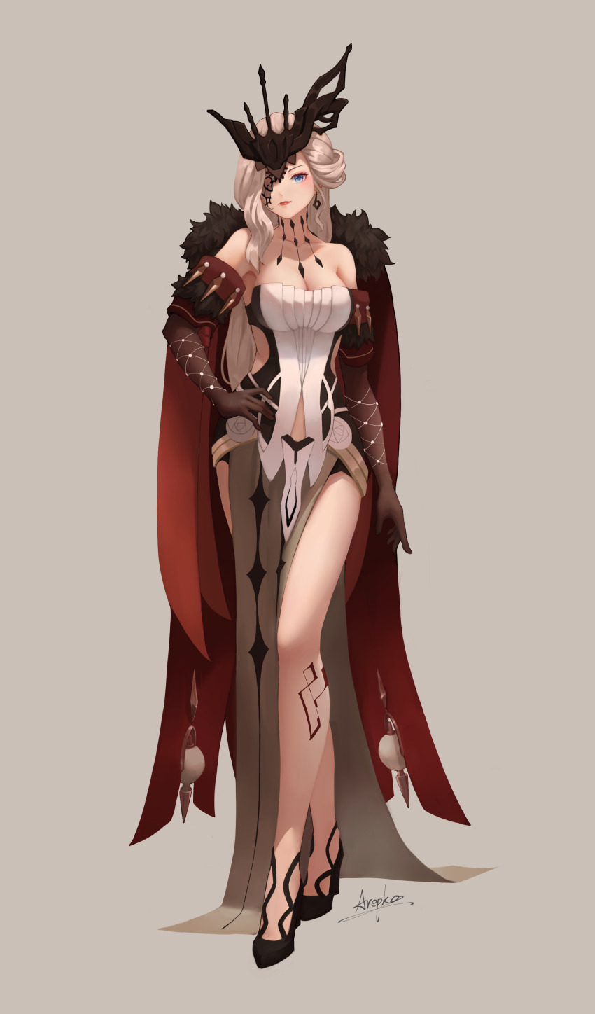 1girl, absurdres, arepko, bare_shoulders, blonde_hair, blue_eyes, breasts, brown_gloves, cleavage, closed_mouth, coat, collarbone, contrapposto, crossed_legs, dress, earrings, elbow_gloves, eyelashes, eyepatch, eyeshadow, floating_earrings, flower, full_body, fur-trimmed_coat, fur_trim, gem, genshin_impact, gloves, grey_skirt, hand_on_own_hip, headpiece, high_heels, highres, jewelry, lace-trimmed_eyepatch, large_breasts, lips, lipstick, long_hair, looking_at_viewer, mackintosh_rose, makeup, off_shoulder, one_eye_covered, pelvic_curtain, red_coat, red_eyeshadow, rose, signature, signora_(genshin_impact), simple_background, skirt, solo, strapless, strapless_dress, studded_gloves, tan_background, very_long_hair, watson_cross, white_dress, white_flower, white_rose
