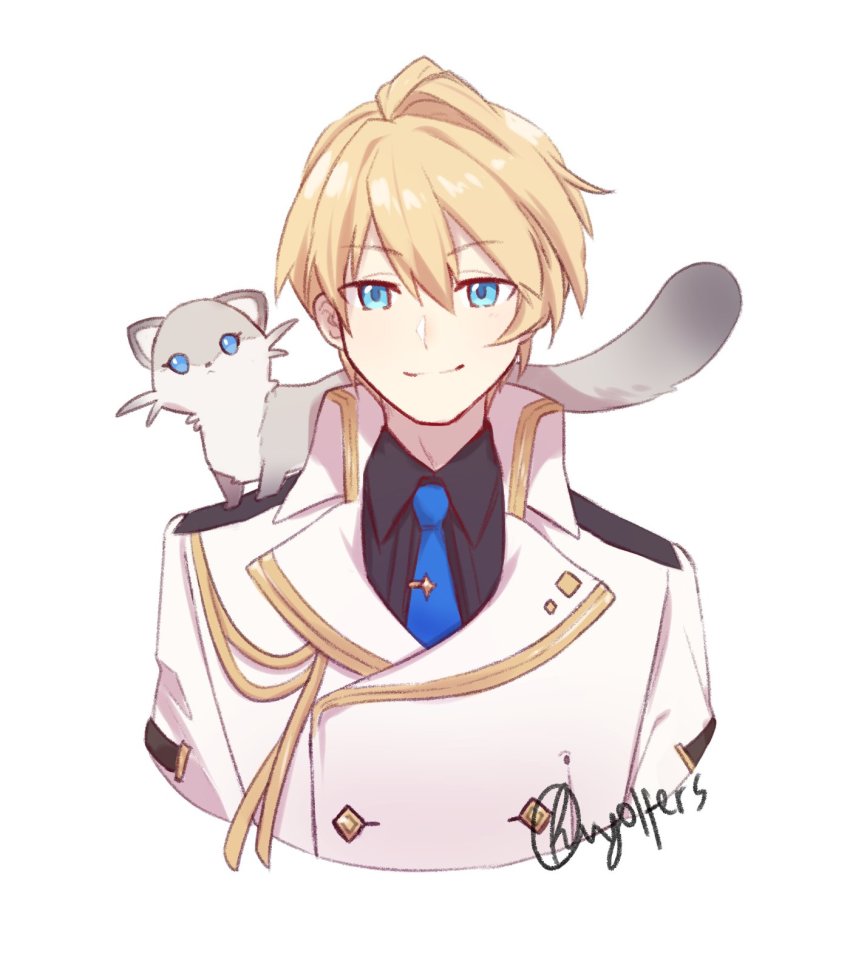 1boy, artist_name, black_shirt, blonde_hair, blue_eyes, blue_neckwear, collared_shirt, commentary